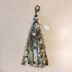 Purse charm brown green silk tassel amber bead gold NWT shabby chic pendant